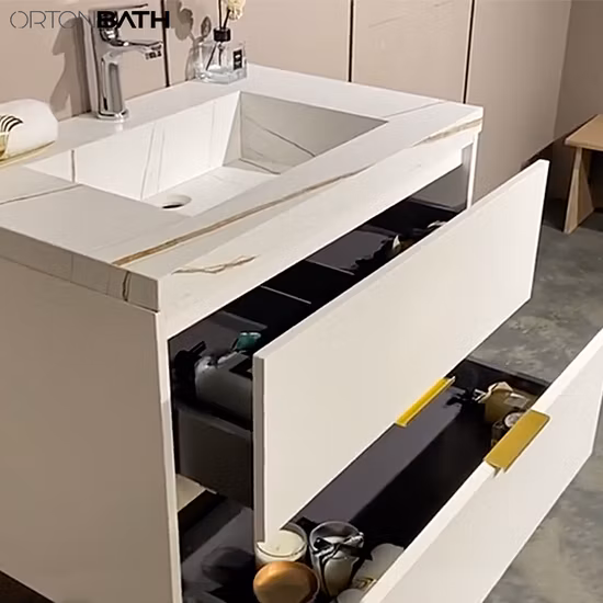 유럽의 현대 미니멀리스트 나무 패널 욕실 세면대 벽 캐비닛 가구 서랍과 거울